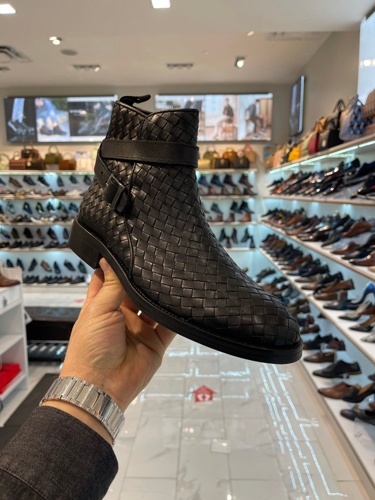 The Morral Black Handwoven Leather Cross Strap Buckle Zip-Up Boot