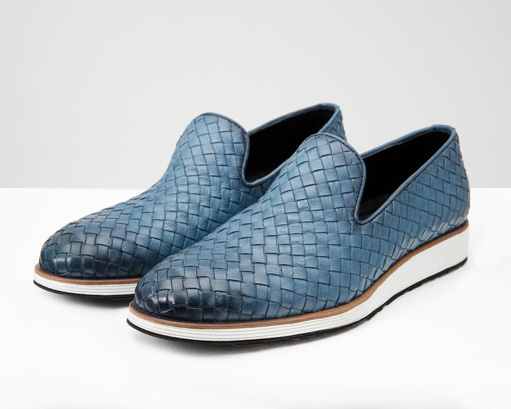 The Ostrava Blue Leather Woven Slip-on Loafer Shoe