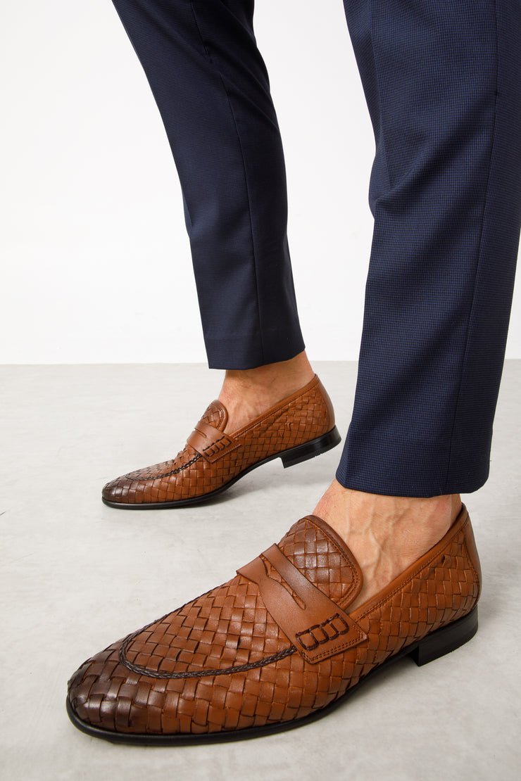 The Grand Woven Leather Tan Shoe Penny Loafer