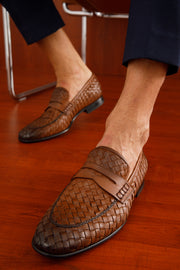 The Grand Woven Leather Tan Shoe Penny Loafer