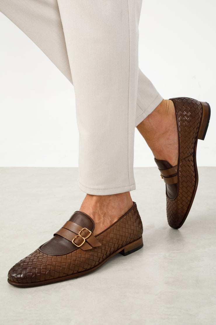 The Vatra Tan Woven Double Monk Strap Shoe