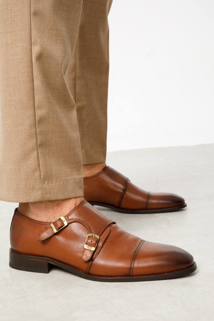 The Essen Brown Cap Toe Double Monk Strap Shoe