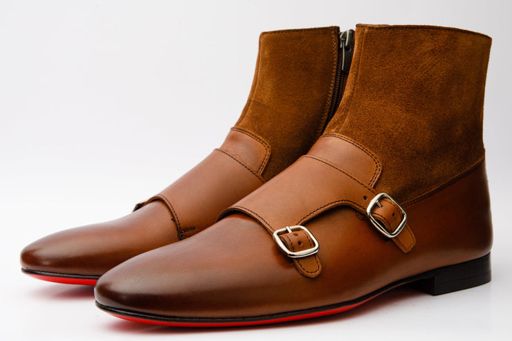 Preston Cognac Leather & Suede Double Monk Strap Ankle Boot