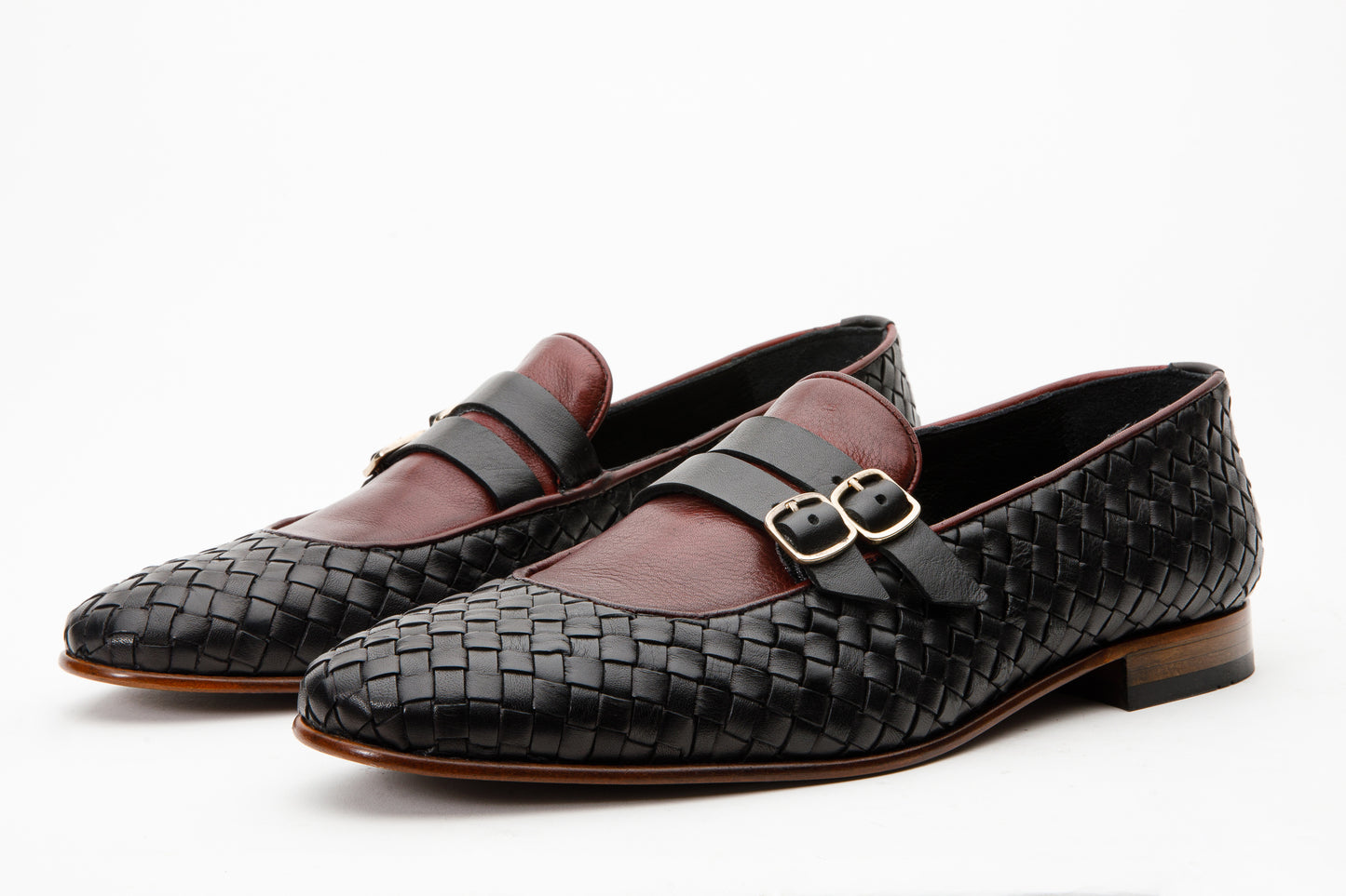 The Vatra Black & Burgundy Woven Double Monk Strap Men Shoe